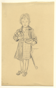 39673 Afbeelding van een meisje met twee broden onder de arm en een etensbord in de andere hand, op de Ganzenmarkt te ...